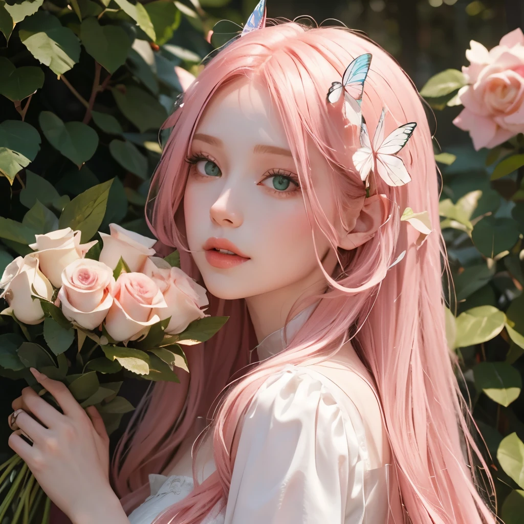 Long pink hair, green eyes, sharp features, white skin, spring dress, butterflies, roses,