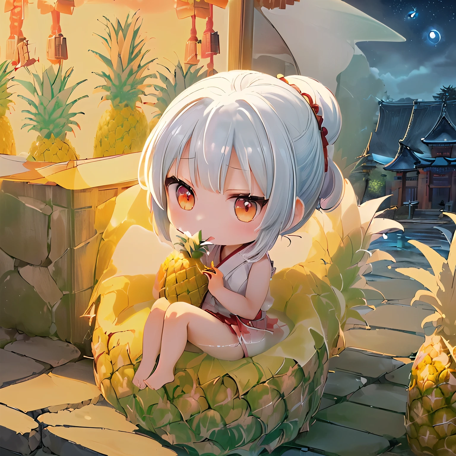 ((Chibi,pineapple,sengoku,Kunoichi,shrine maiden,one girl: 1.5)),(Masterpiece, almond-shaped eyes, glossy white-blue hair, short chignon hair, top quality, carefully drawn fingertips, beautiful anatomy : 1.4), ( full body: 1.3), (Red cheeks, indifference, no expression, hair blowing in the wind,stone floor, sit,chibi and pineapple,: 1.2),(Holding a pineapple, an old castle at night,Exorcism, butterflies,bathing in the moonlight:1.5)