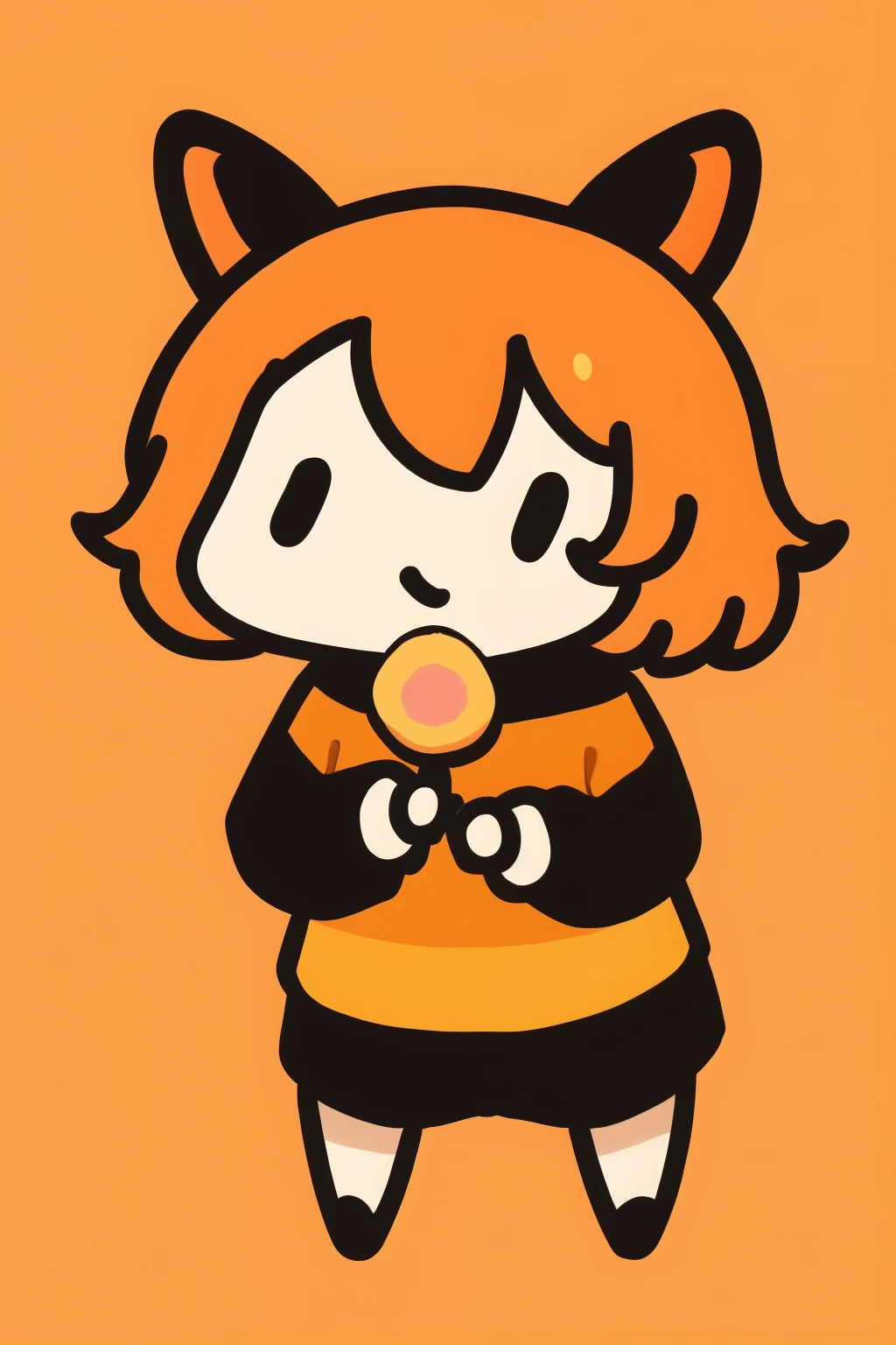 Flat avatar, 1girll, Solo, orange short hair, black color eyes, holding and eating candy, body facing forward, black mixed pink striped sweater, white background