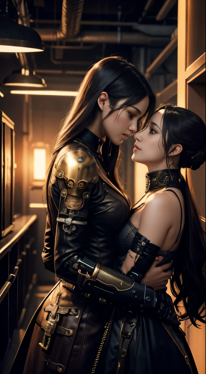two beautiful half naked cyberpunk ladies with perfect bodies are making out passionately in a high tech bar,hungry expressions