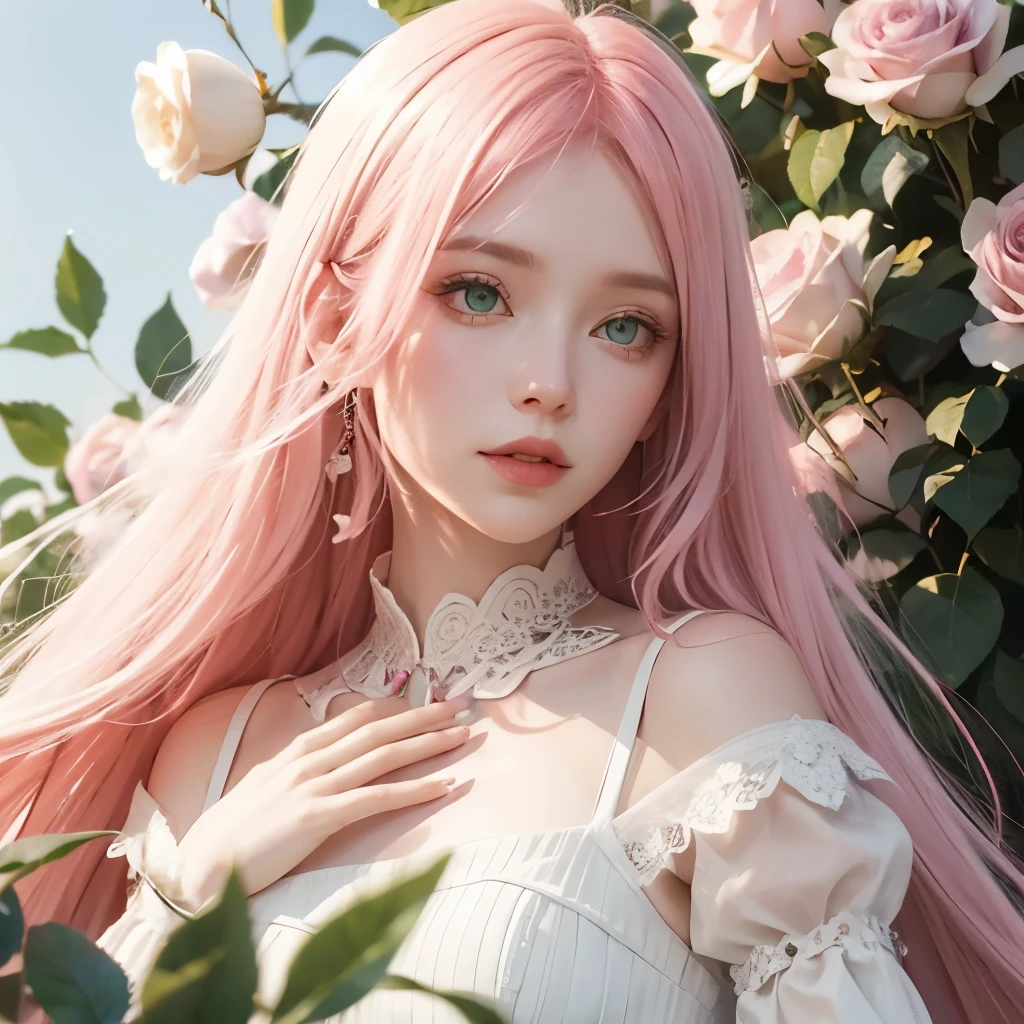 Long pink hair, green eyes, sharp features, white skin, spring dress, butterflies, roses, 