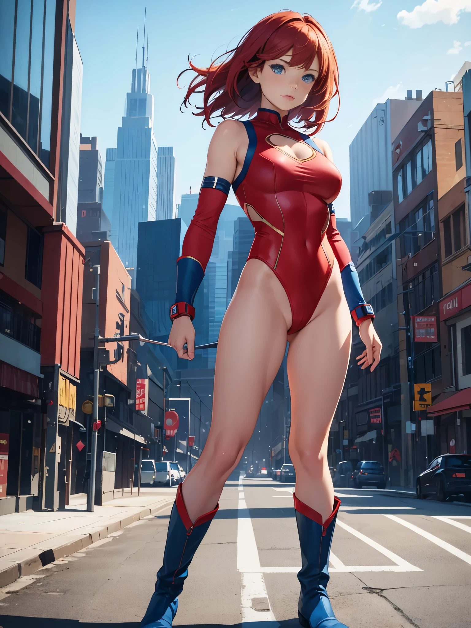 1girl, medium breasts, leotard, red leotard with blue accents, bare legs, boots, matching boots, bracelets, city backdrop, solo, single, standing, full body shot, cowboy shot, beautiful detailed eyes, blue eyes, mature lady, red hair, bob hair, superhero 