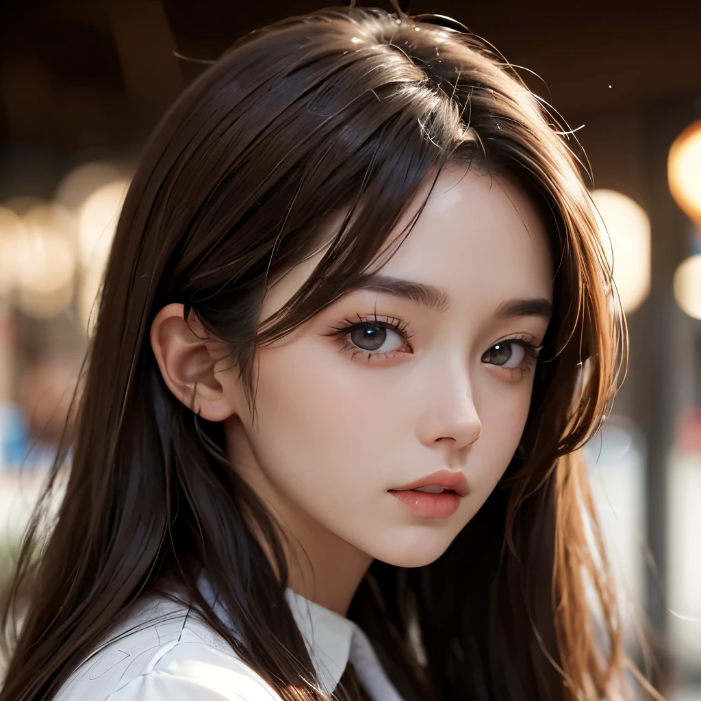 Long brown hair, hazel eyes, white skin, sharp features, perfect, classic style, Paris