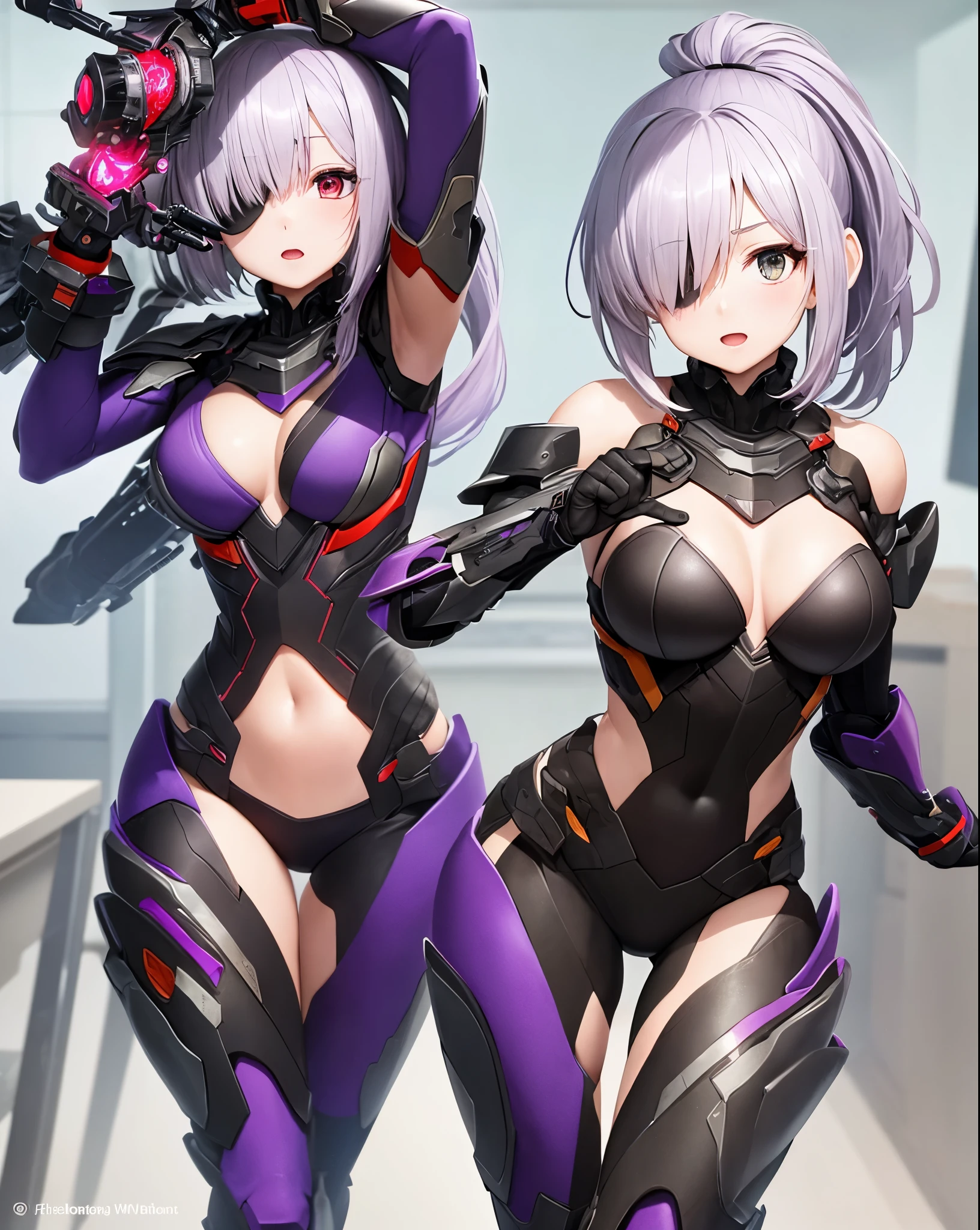 ,1girl,(:1.5), (short_ponytail:1.3), (light_whitish_purple_hair:1.3),black_mechanical_armor_parts,white_breasts_parts_red_black_body_suit,bare_shoulder,bare_slender_thighs,medium_breasts,on_the_desk, desk_background,Stinging_eyes,sleepy,thighhigh_greaves,gauntlets,dynamic_posing,bare_frank,metal_red_parts_armor,red_eye,solo,
fists,hold_weapon,glare,navel,large_mechanical_parts,happy,waist_armor,open_mouth,rise_legs,apart_legs, (covered_navel:1.3),(very_long_bangs:1.3), (hair_over_one_eye:1.5),(long_bang_covers_right_half_of_face:1.5),
(covered_pussy:1.1),covered_breasts,