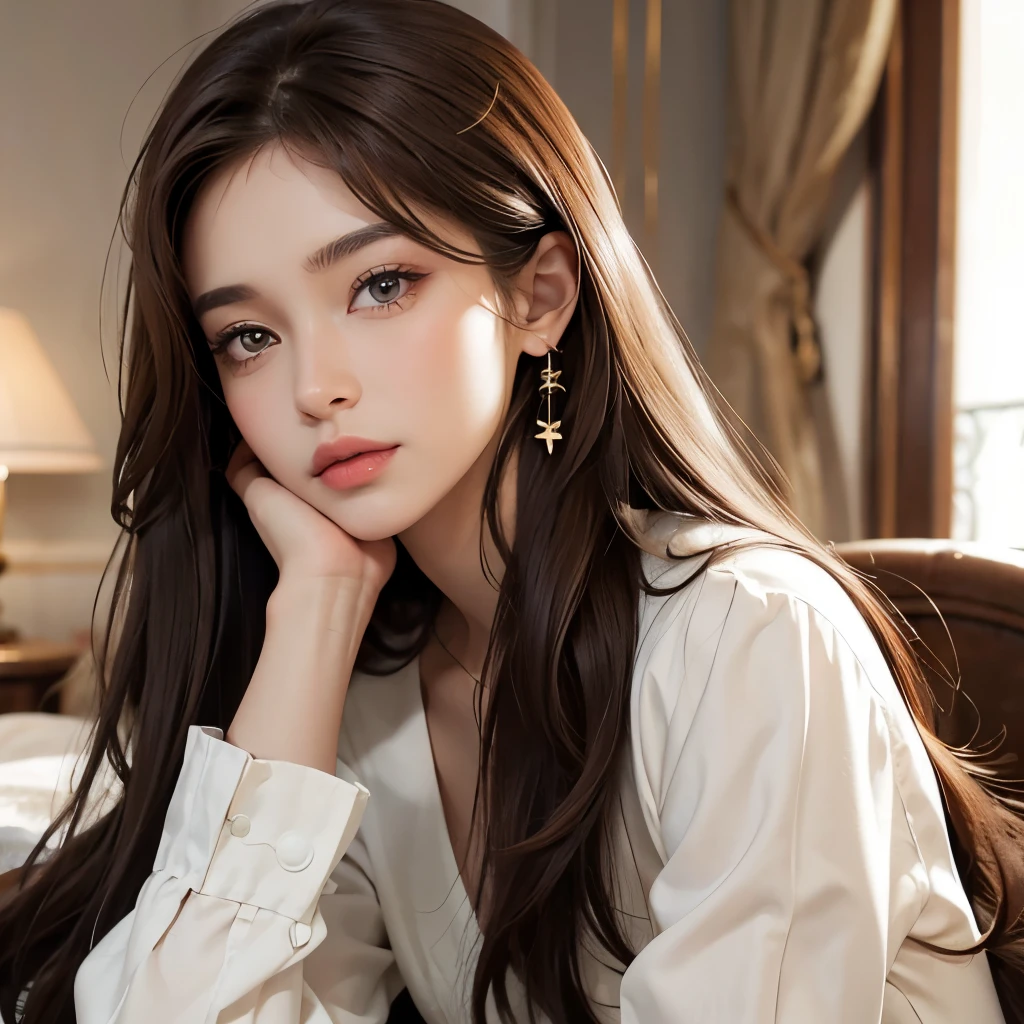Long brown hair, hazel eyes, white skin, sharp features, perfect, classic style, Paris