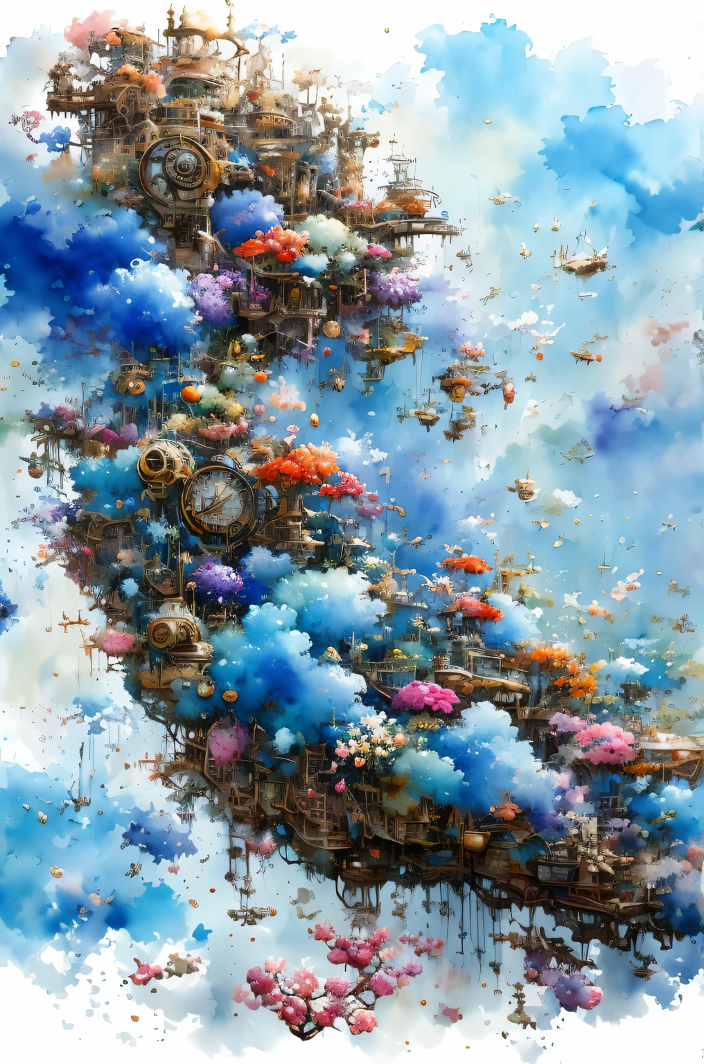 abstract steampunk dog hero, fantastic flower garden, blue and sky blue, watercolor crazy painting on white canvas, become familiar with, Fine touch, A true masterpiece watercolor painting, splash of water、masterpiece、highest quality、Excited、anger、express victory、detailed description、