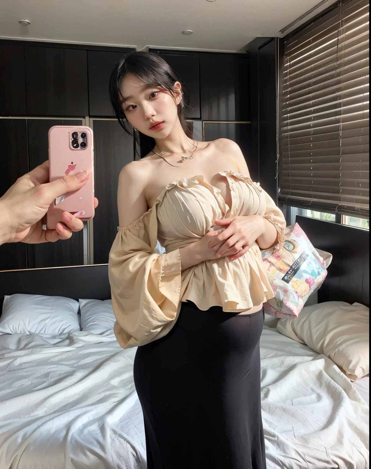 there is a woman taking a picture of herself in a bedroom, leaked image, tube-top dress, heonhwa choe, pregnant belly, pregnant, 🤬 🤮 💕 🎀, her belly button is exposed, ulzzang, ad image, taejune kim, belly, jinyoung shin, meme, 🪔 🎨;🌞🌄, jaeyeon nam