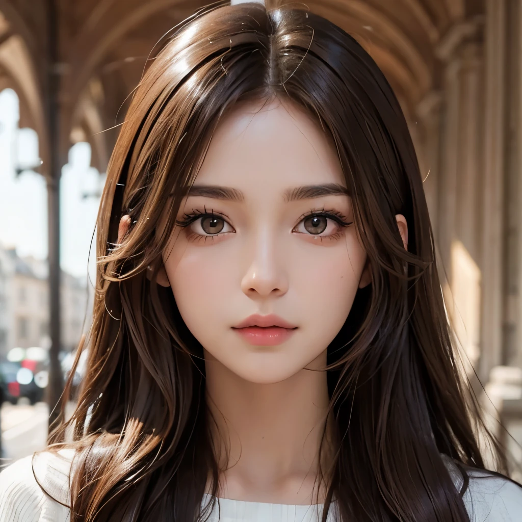Long brown hair, hazel eyes, white skin, sharp features, perfect, classic style, Paris