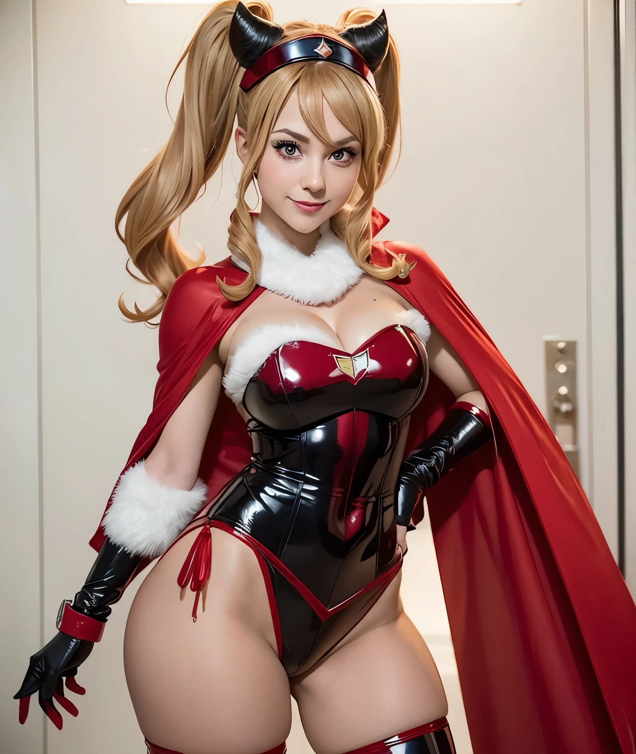araffe dressed in a red cape and a red cape is posing, cosplay, cammy, cosplayer, cutesexyrobutts, jessica nigri, glamourous cosplay, publicity cosplay, professional cosplay, full-cosplay, anime cosplay, cosplay photo, cosplay on black harley queen, range murata and artgerm, anime girl cosplay, by Jason Teraoka