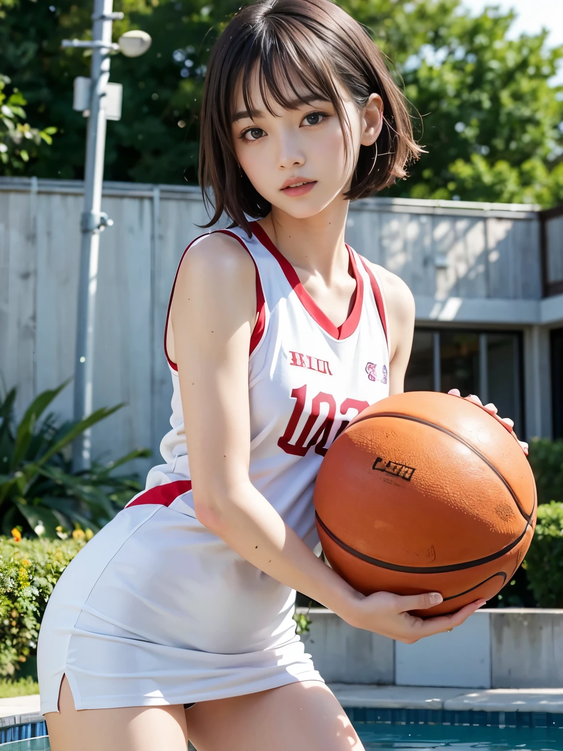 top-quality,.masterpiece,Raw photography,8K,Top image quality,Top resolution,Beautiful face in every detail,Very detailed,Gentle expression,One lady,realisitic,photo realisitic,Bery short hair,Beautuful Women,cute Japanese girls,mannish,Pretty Woman,Her eyes are big,20-year-old beauty,her face is small,small head,long neck,pale skin,Spot-free skin,With bangs,eight heads tall,basketball red uniform,skinny body,Sweat , wet,face focus , leaning forward ,arched back,contrapposto,from side,look at viewer