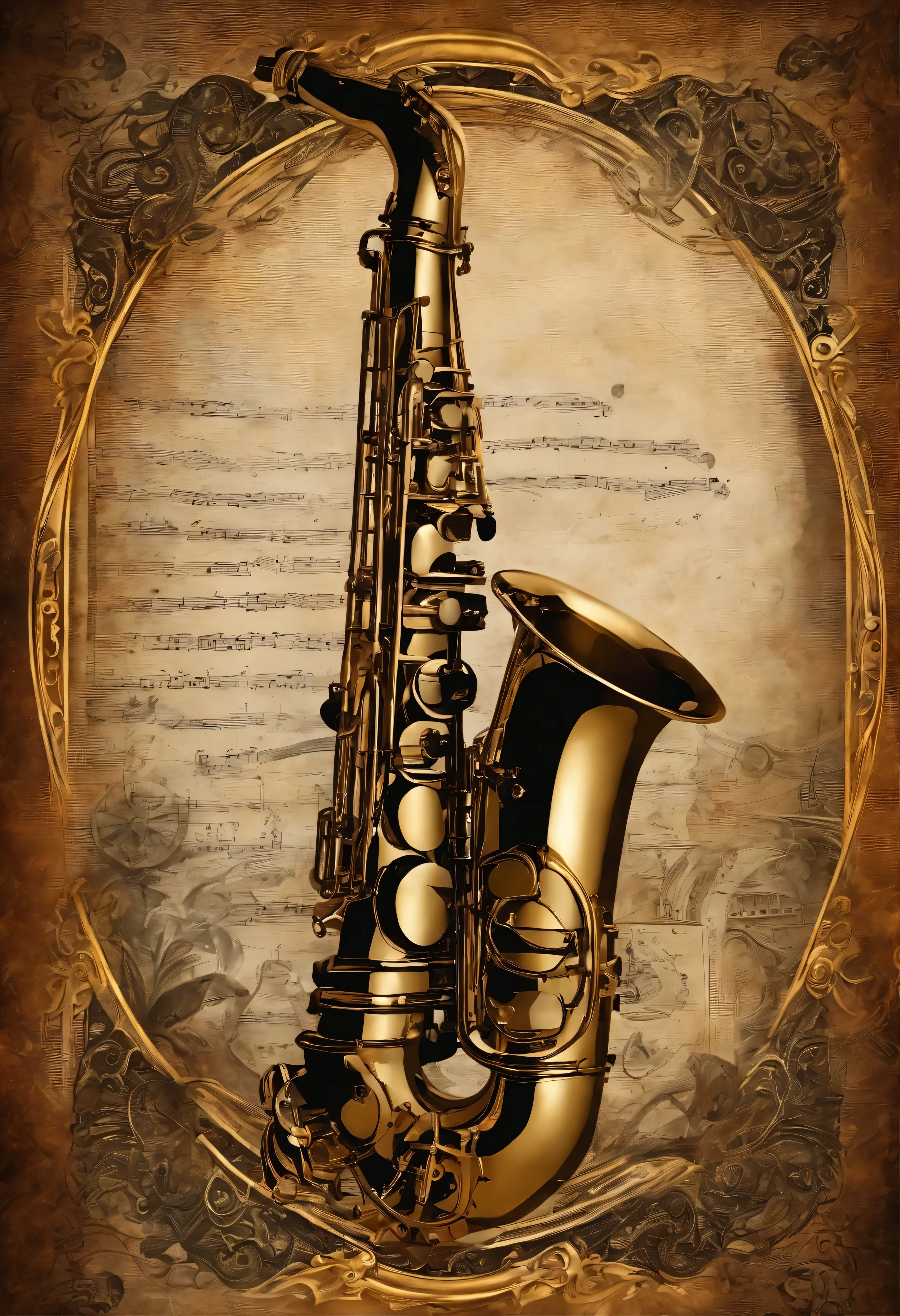 {{A fascinating depiction of the saxophone}} This is an image that introduces the beauty of the saxophone... environment/The background is、dreamy surreal atmosphere、The image must be in the style of a digital painting, Incorporate elements of fantasy art. close up shot, Shot with a macro lens, Provides a fascinating view with intricate details of the saxophone. Lighting must be well ventilated, Emphasizing the play of light and the design of the saxophone. The required level of detail is、higher resolution and higher, Highlight the ethereal qualities of the saxophone. The goal is、It&#39;s about creating captivating images that take the viewer into an enchanted realm..