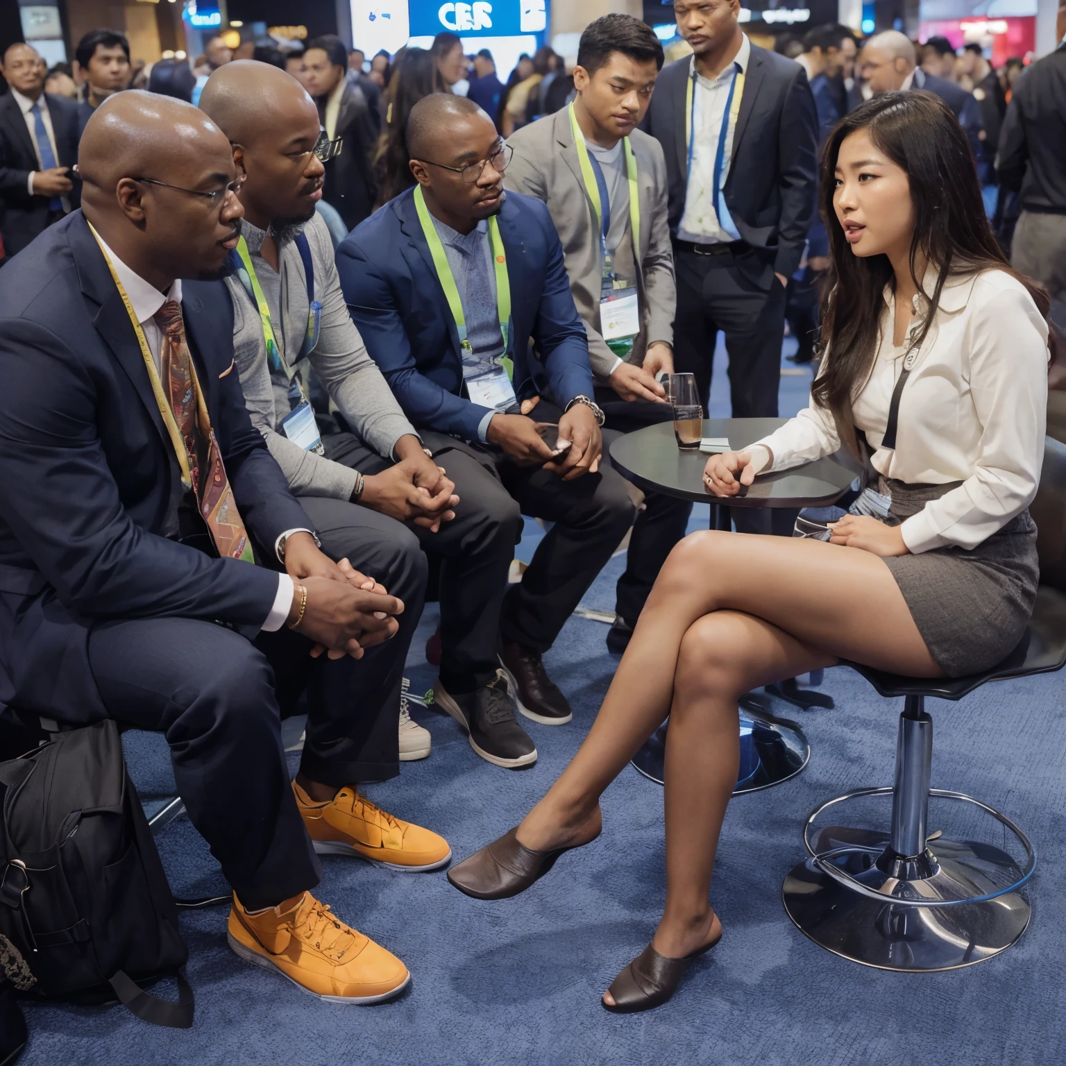 Asian female talking to African American men
