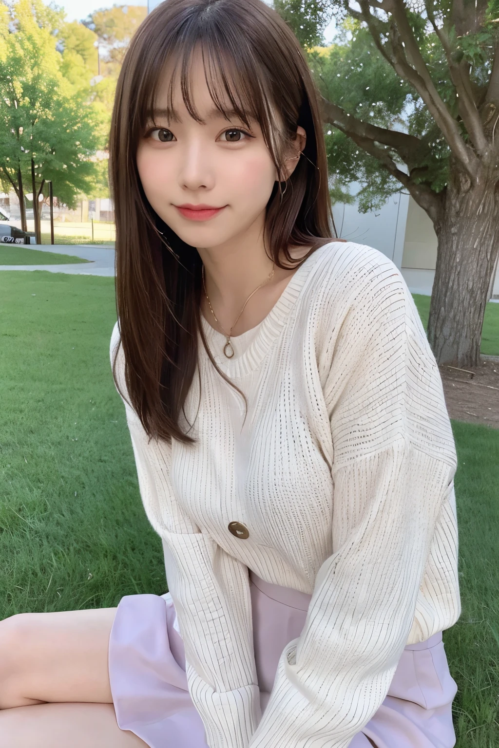 (8k, RAW photo, best quality, masterpiece:1.2), (realistic, photo-realistic:1.4), (extremely detailed 8k wallpaper),
professional lighting,
sharp focus, depth of field, blur background, bokeh, wide shot, from side,
full body,
Japanese high school girl, slender,
on the grass, sitting,
park, dating,
Daytime,
brown long long hair, messy hair,
pink sweater, Mini skirt,
watch, Piercing, bangle, necklace, ring,
laugh,
