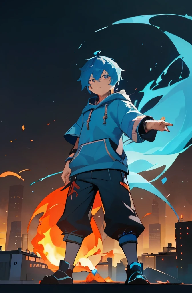 Aishiroo,1boy,((blue hair,left red and right blue eye)),((wearing a full blue Hoodie no other colour)),((cyan pant)),((black shoe)),((fire and ice aura around the body:1.2)),12 years old,((Minecraft character)),((genshin impact background)),((city background:1.2)),((standing:1.2)),((ice and fire dragon in the background:1.2))