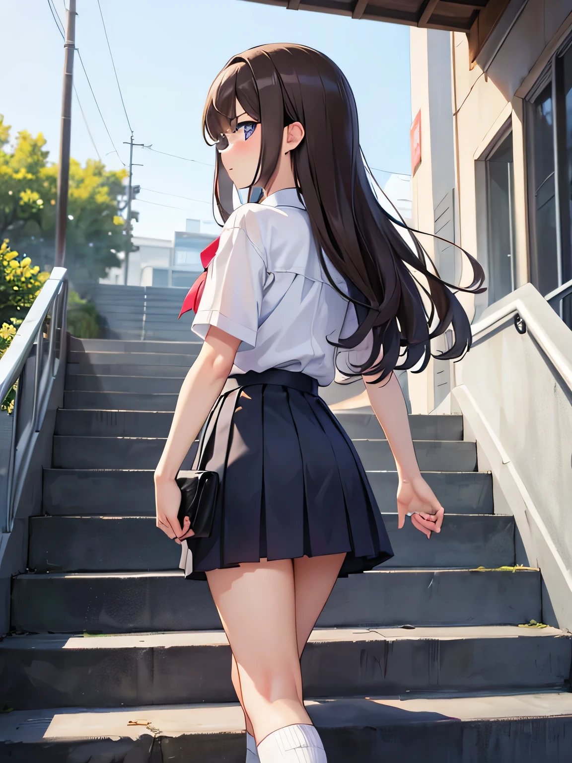 (1) I see a high school girl going up the stairs in the background..
(2) She&#39;s holding down her skirt because I think I can see inside it..
(3) She is wearing a uniform of blouse and miniskirt, Loose socks and loafers.
(4) her hair is long brown.
(5) Her expression is glaring backwards..
(6) The location is the school stairs..