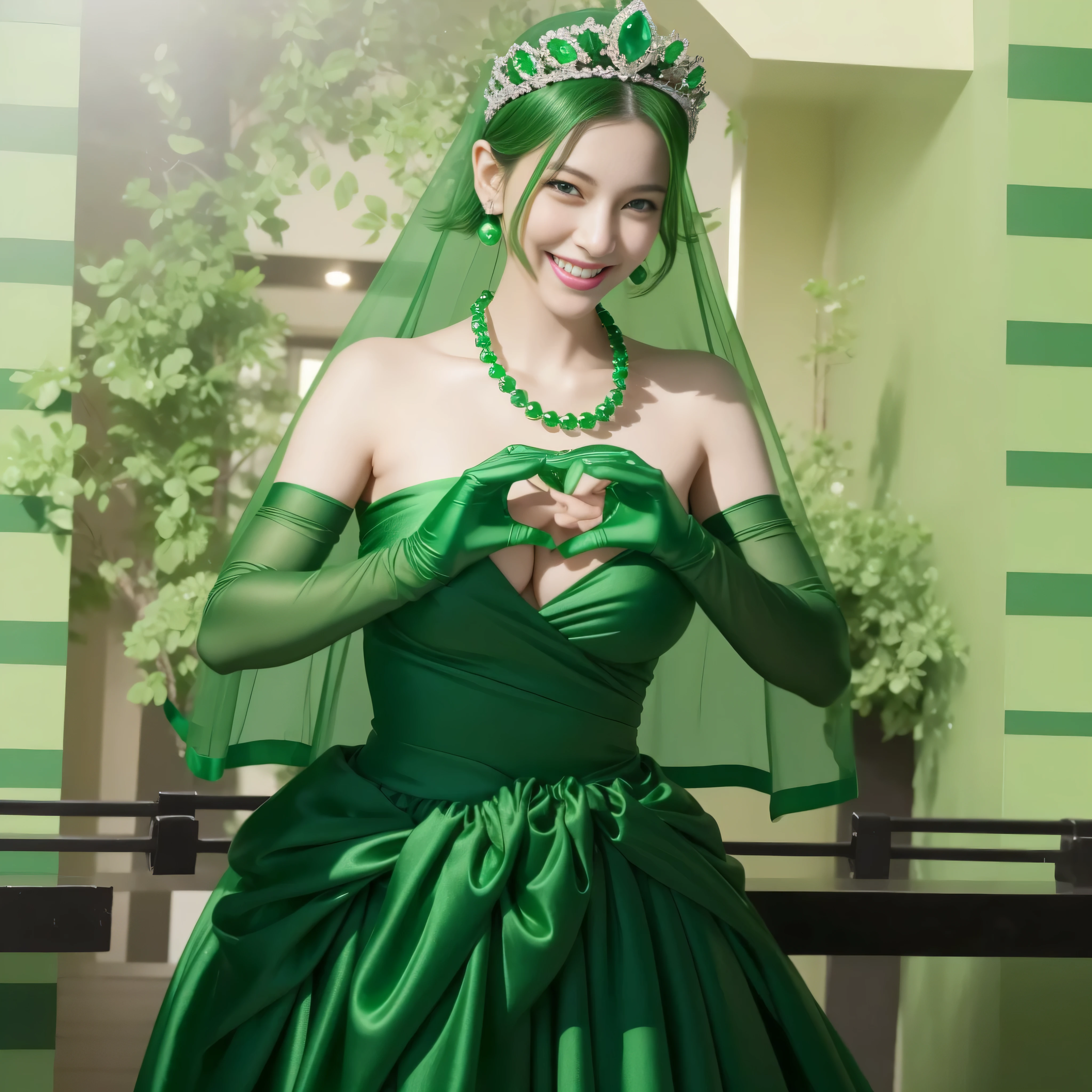 emerald tiara, green pearl necklace, boyish very short green hair, lipstick, smiling Japanese woman, very short hair, big breasts beautiful, green eyes, Long Green Satin Gloves, green eyes, V sign, emerald earrings, green veil, green lip gloss
