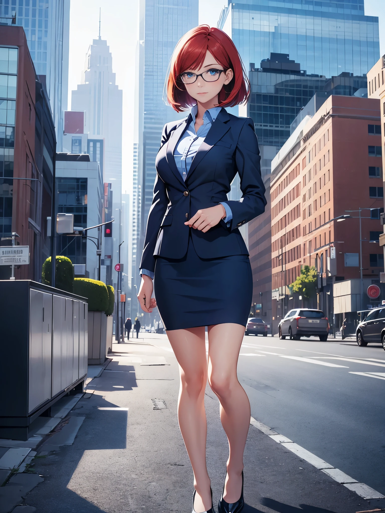 1girl, medium breasts, bare legs, shoes, shoes, city backdrop, solo, single, standing, full body shot, cowboy shot, beautiful detailed eyes, blue eyes, mature lady, glasses, office lady, blue suit, blue pencil skirt, miniskirt, red hair, bob hair
