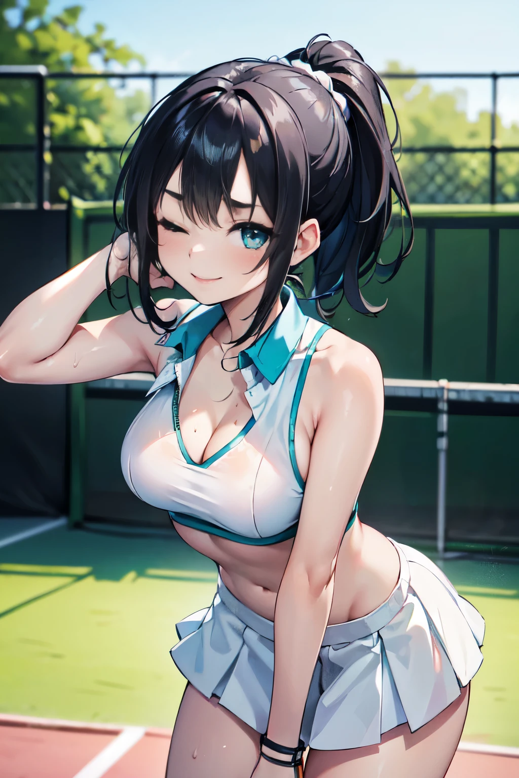 (Masterpiece,  best quality1.2), Raw picture of a Beautiful woman, tennis outfit, white bra, mini skirt, 1girl, (solo:1.2), (black hair), ponytail, parted hair, hair strands, beautiful eyes, (blue_eyes), pale pink lips, slender body, body curves, slim waist, sweaty body, exposed naval, medium breasts, (hands on back), leaning forward, (looking at the viewer, (blush), (smile:1.2), ((wink)), (one eye closed), (saggy breasts), (cowboy_shot), vivid colors, ultra-detailed, (absurdres:1.2), 8K, HD, professional photography, natural lighting, tennis court background, green trees, tennis net, bright sunny day, facial expressions, (detailed face), thick eyebrows, leaning forward, (blurry_background), (facial details)