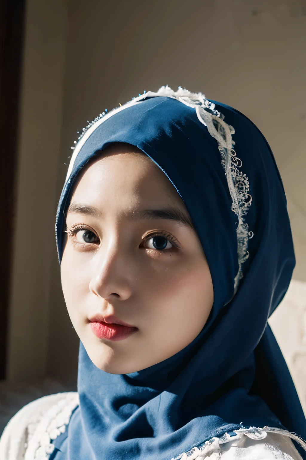best quality, masterpiece, realistic:, luminate, beautiful muslim, hijab, twirling hijab, fully covered robe, 1 girl, blue hijab, blue eyes, Front, detailed face, beautiful eyes, close up shot, dark blue dress, tight dress, super shiny dress, ao dai dress, volumetric lighting, gorgeous body, moist skin, 50mm f1.4 lens, fully covered dress, ornamented robe, close up portrait, young face, cute asian face, 