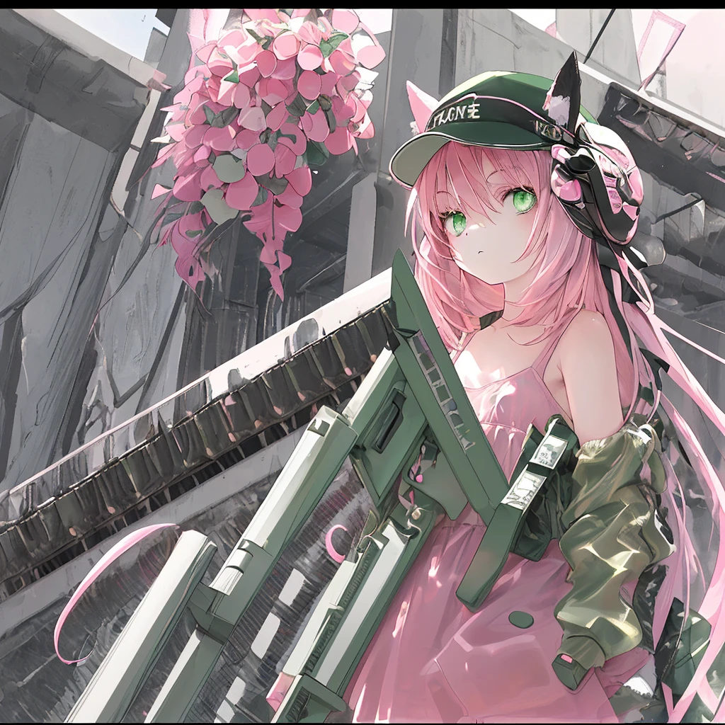 simple background，a girl，pink hair,green eyes,5 years old,Hair that only reaches the shoulders， Stand straight，Only upper body picture included， Black and white stylish jacket，Baseball cap with animal ears，flat chest，fashion,Two dimensions，