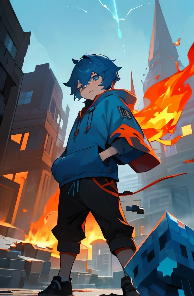 Aishiroo,1boy,((blue hair,left red and right blue eye)),((wearing a full blue Hoodie no other colour)),((cyan pant)),((black shoe)),((fire and ice aura around the body:1.2)),12 years old,((Minecraft character)),((genshin impact background)),((city background:1.2)),((standing:1.2)),((ice and fire dragon in the background:1.2))