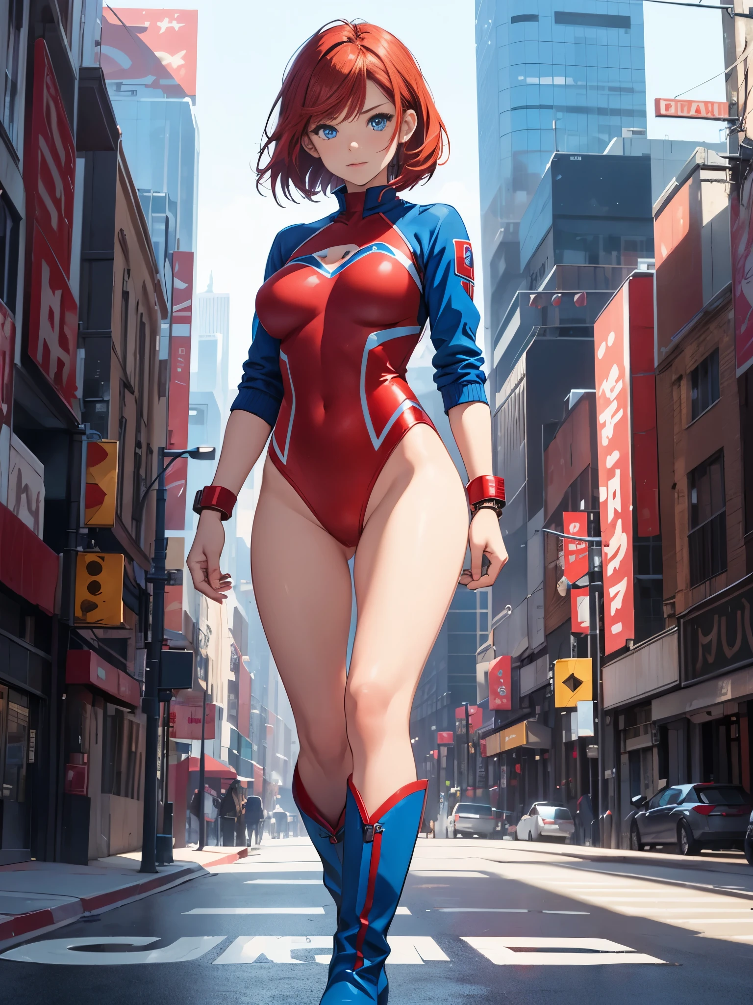 1girl, medium breasts, leotard, red leotard with blue accents, bare legs, boots, matching boots, bracelets, city backdrop, solo, single, standing, full body shot, cowboy shot, beautiful detailed eyes, blue eyes, mature lady, red hair, bob hair, superhero 