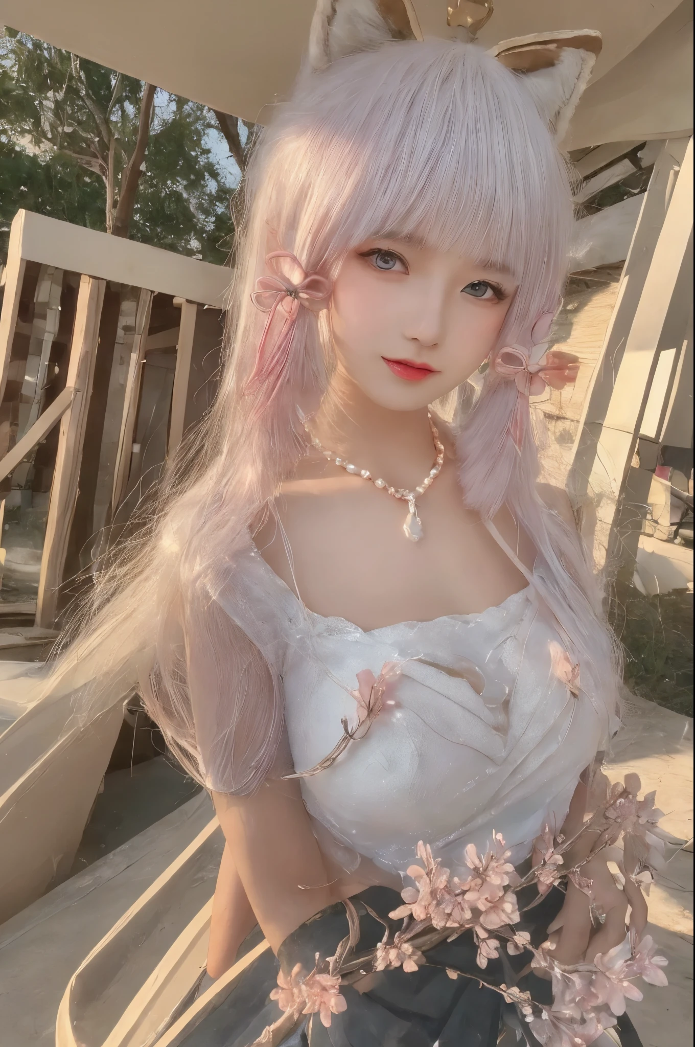 (masterpiece, best quality:1.2),bubble,1 girl,vague,Bokeh,breast,split,jewelry,lens flare,long hair,looking at the audience,medium breast,necklace,open lips,pearl \(gem\),pearl necklace,pink hair,actual,red lips,soap bubbles,alone,submerged,teeth,Upper body,megnhuanpaopao，Character nine-tailed fox Ahri，fox ears，fox tails。Exquisite face