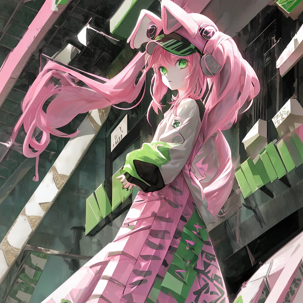 simple background，a girl，pink hair,green eyes,5 years old,Hair that only reaches the shoulders， Stand straight，Only upper body picture included， Black and white stylish jacket，Baseball cap with animal ears，flat chest，fashion,Two dimensions，