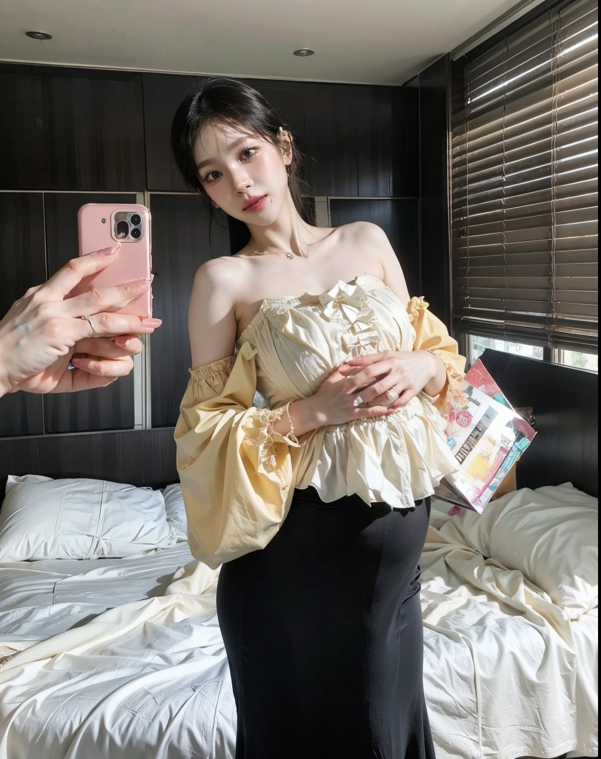 there is a woman taking a picture of herself in a bedroom, leaked image, tube-top dress, heonhwa choe, pregnant belly, pregnant, 🤬 🤮 💕 🎀, her belly button is exposed, ulzzang, ad image, taejune kim, belly, jinyoung shin, meme, 🪔 🎨;🌞🌄, jaeyeon nam