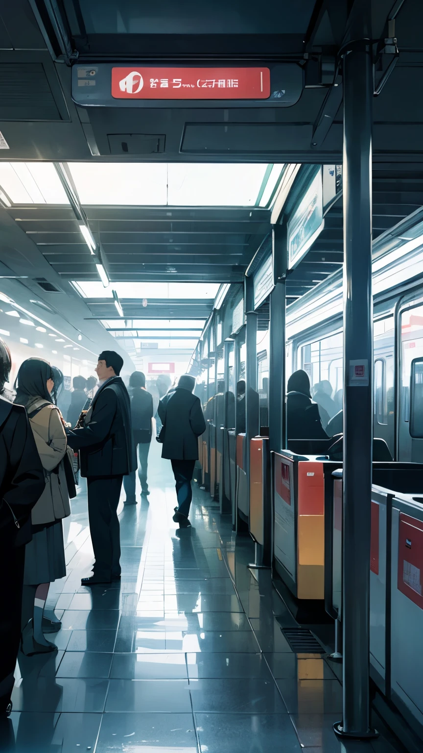 An animated scene of a busy subway station, where people are coming and going in a hurry, trains arrive and depart continuously, and fluorescent lights flicker at a steady pace. The environment is bustling, with the sound of train arrival and departure announcements echoing throughout the area. The scene includes details such as crowded waiting benches, ticket vending machines, and directional signs. The atmosphere is one of constant movement, with a sense of urgency in the air.