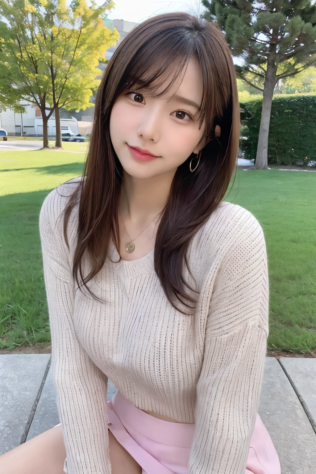 (8k, RAW photo, best quality, masterpiece:1.2), (realistic, photo-realistic:1.4), (extremely detailed 8k wallpaper),
professional lighting,
sharp focus, depth of field, blur background, bokeh, wide shot, from side,
full body,
Japanese high school girl, slender,
on the grass, sitting,
park, dating,
Daytime,
brown long long hair, messy hair,
pink sweater, Mini skirt,
watch, Piercing, bangle, necklace, ring,
laugh,