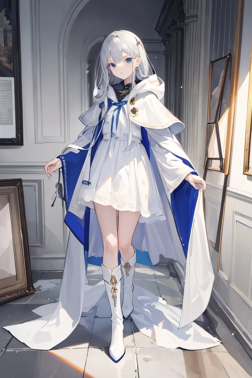((best quality)), ((masterpiece)), (detailed), perfect face,silver long hair,white cloak,white boots