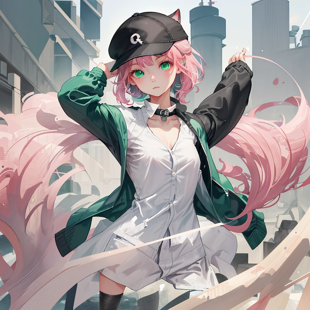 simple background，a girl，pink hair,green eyes,5 years old,Hair that only reaches the shoulders， Stand straight，Only upper body picture included， Black and white stylish jacket，Baseball cap with animal ears，flat chest，fashion,Two dimensions，