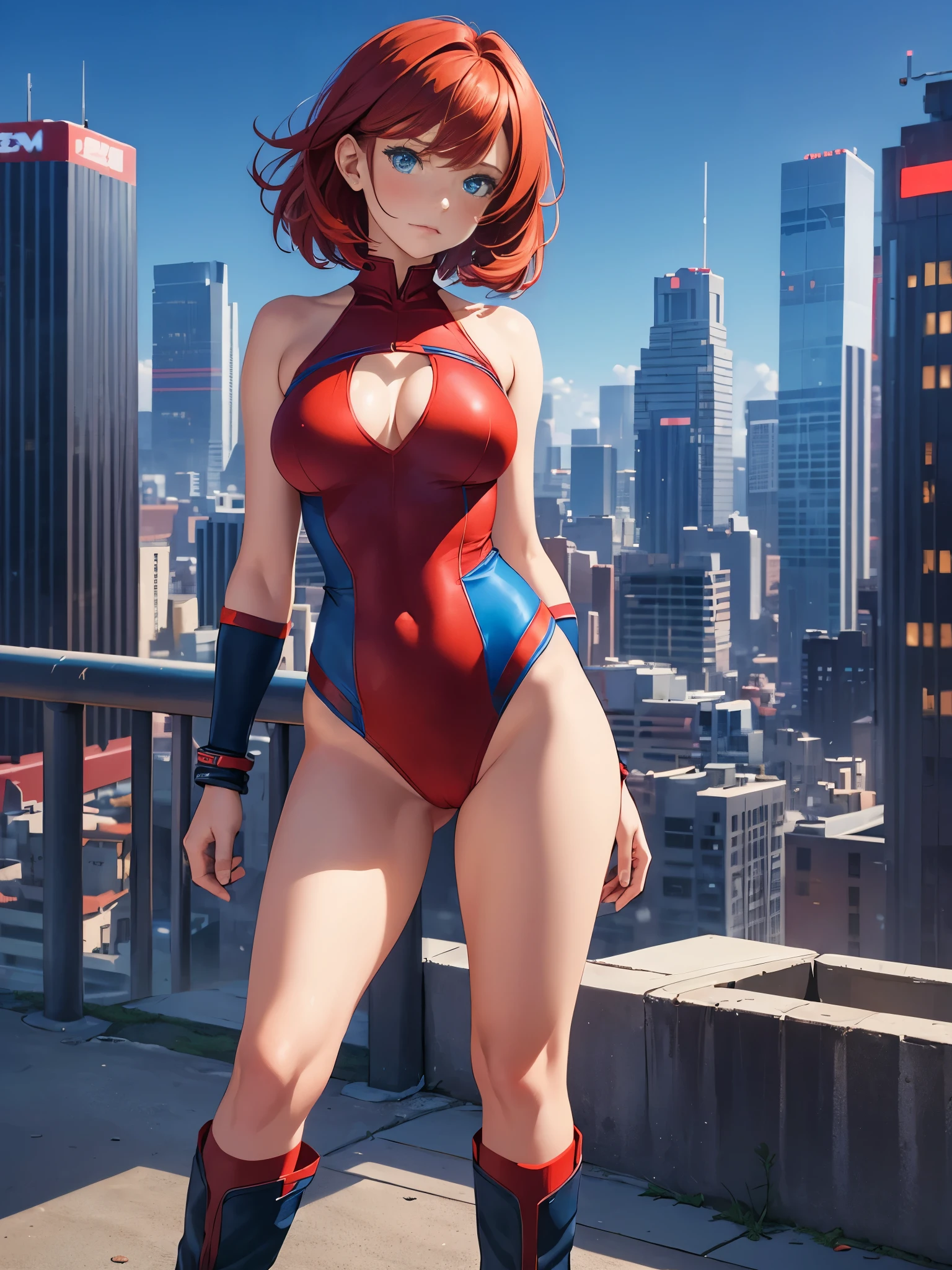 1girl, medium breasts, leotard, red leotard with blue accents, bare legs, boots, matching boots, bracelets, city backdrop, solo, single, standing, full body shot, cowboy shot, beautiful detailed eyes, blue eyes, mature lady, red hair, bob hair, superhero