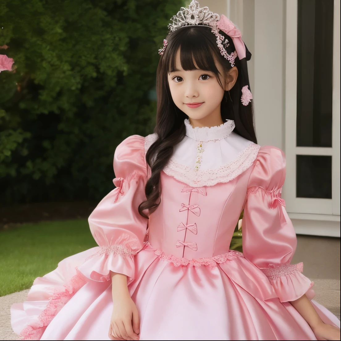 ,highest quality, masterpiece, highest resolution, artwork, super それにget used to it, many get used to it, get used to it, それにget used to it, 3K realistic photos,,((10 year old )),Super detailed boy face,the girl is a princess,Full length ball gown dress with hoop skirt,ruffle yoke collar,puff sleeves,long sleeve,((Lolita style hot pink detailed princess satin dress、Comes with lots of frills and ribbons。)),Rococo lolita fashion,shiny satin dress,Soft and smooth fabric,luxury,long hair,