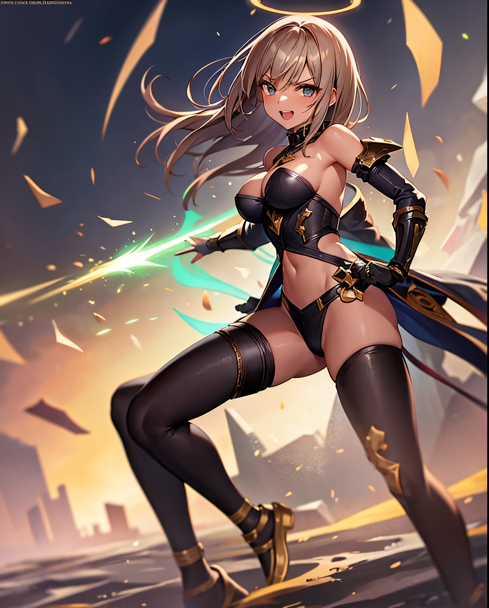 fantasy, 1angel_girl,, ,brown_hair, medium_bob_hair, long_bangs, halo,bare_shoulder,thighhighs,silver_armor, waist_armor, large_breasts,angry,grinning,open_mouth_teeth, 1pair_wings, dynamic_pose_fighting,floating, bare_crotch, headgear,gauntlet, greaves,city_sky_background,slightly_spread_legs, solo, groin_naked,dark_skin,