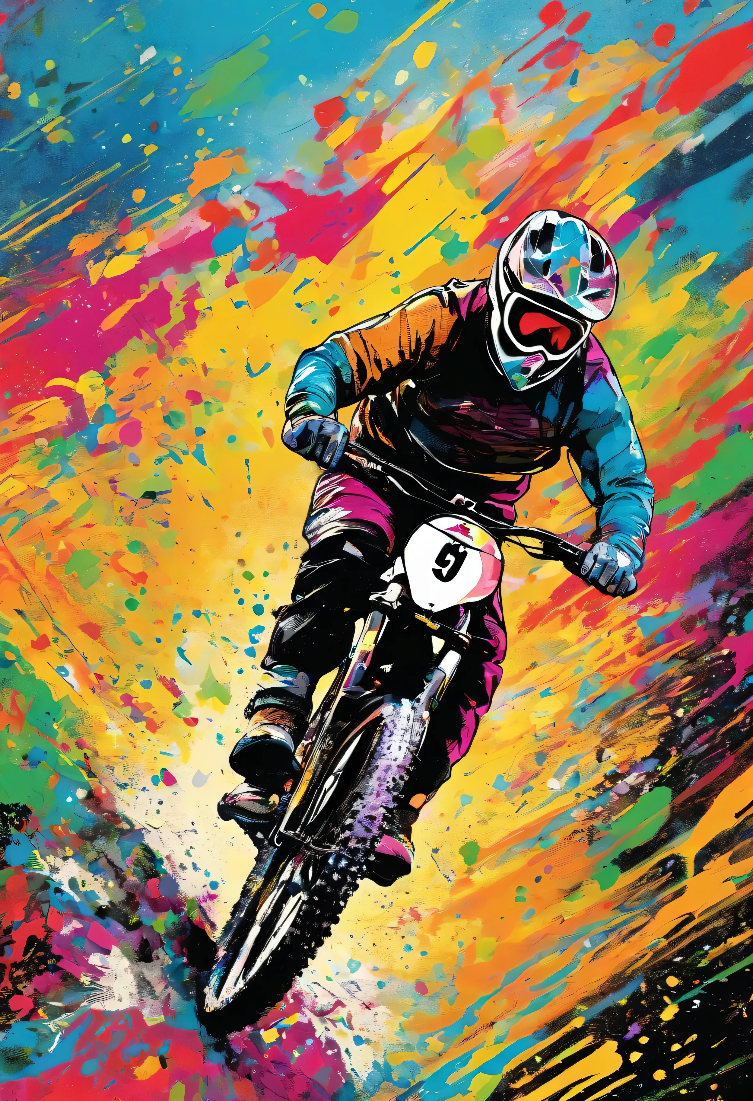 (meilleure qualité,4k,haute résolution,ultra-détaillé,chef-d'œuvre:1.2),représentation extrêmement détaillée d'un champion de VTT de descente dévalant une montagne, en pleine action, avec des éclaboussures de peinture explosant du sol, capturer le mouvement dynamique et énergique, illustrant la sensation de vitesse et d'adrénaline. Le point de vue est de près, soulignant la concentration intense et la détermination du cavalier. La scène se déroule dans un décor montagneux à couper le souffle, soulignant davantage la robustesse et la nature aventureuse du vélo de descente. Le champion est vêtu d'un équipement de vélo complet, mettant en valeur leur tenue et leur équipement professionnels. Les couleurs sont vibrantes et vives, améliorer l’excitation et l’intensité globales. L'éclairage est délibérément dramatique pour accentuer la nature dramatique du sport..