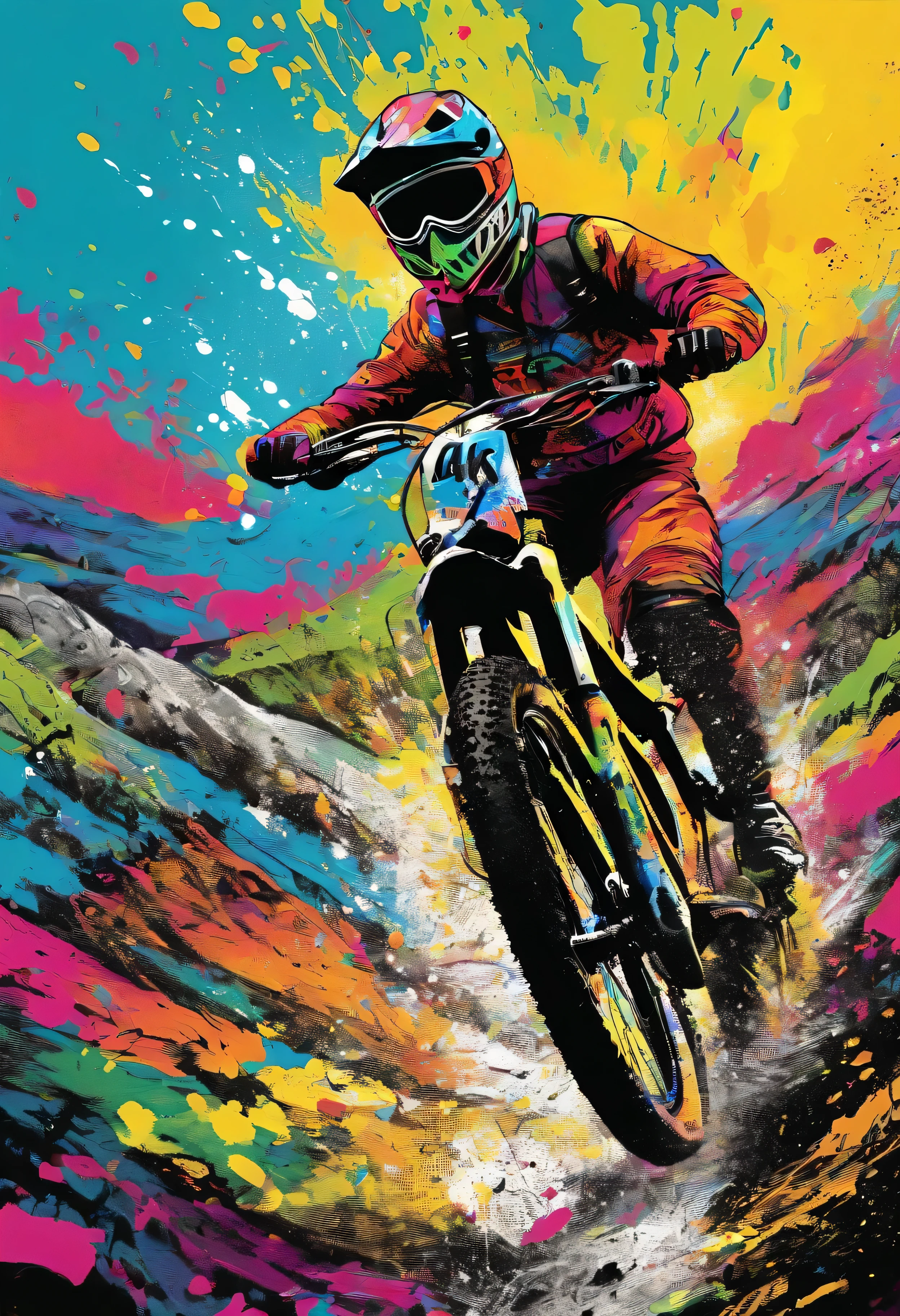 (meilleure qualité,4k,haute résolution,ultra-détaillé,chef-d'œuvre:1.2),représentation extrêmement détaillée d'un champion de VTT de descente dévalant une montagne, en pleine action, avec des éclaboussures de peinture explosant du sol, capturer le mouvement dynamique et énergique, illustrant la sensation de vitesse et d'adrénaline. Le point de vue est de près, soulignant la concentration intense et la détermination du cavalier. La scène se déroule dans un décor montagneux à couper le souffle, soulignant davantage la robustesse et la nature aventureuse du vélo de descente. Le champion est vêtu d'un équipement de vélo complet, mettant en valeur leur tenue et leur équipement professionnels. Les couleurs sont vibrantes et vives, améliorer l’excitation et l’intensité globales. L'éclairage est délibérément dramatique pour accentuer la nature dramatique du sport..