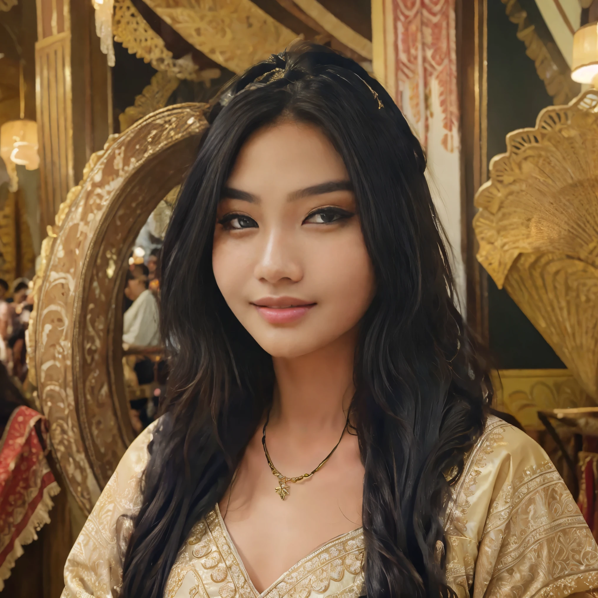 best quality,ultra-detailed,realistic,photography,colorful,portrait,beautiful detailed eyes,beautiful detailed lips,traditional dress,elaborate makeup,reflections in the eyes,natural lighting,exquisite jewelry,graceful pose,wavy hair,ornate headpiece,professional photographer,focused and sharp focus,deep and vivid colors,soft natural background,historical heritage,traditional patterns,traditional accessories,bright and vibrant colors,traditional dance,traditional music,poise and elegance,cultural pride,vibrant culture,strong facial features,traditional pose,idyllic setting,emphasized facial expressions,Elephant as a symbol of strength, beautiful smile,traditional ornaments,detailed hand gestures,stunning beauty,ethnic diversity,authentic representation of Indonesian woman.