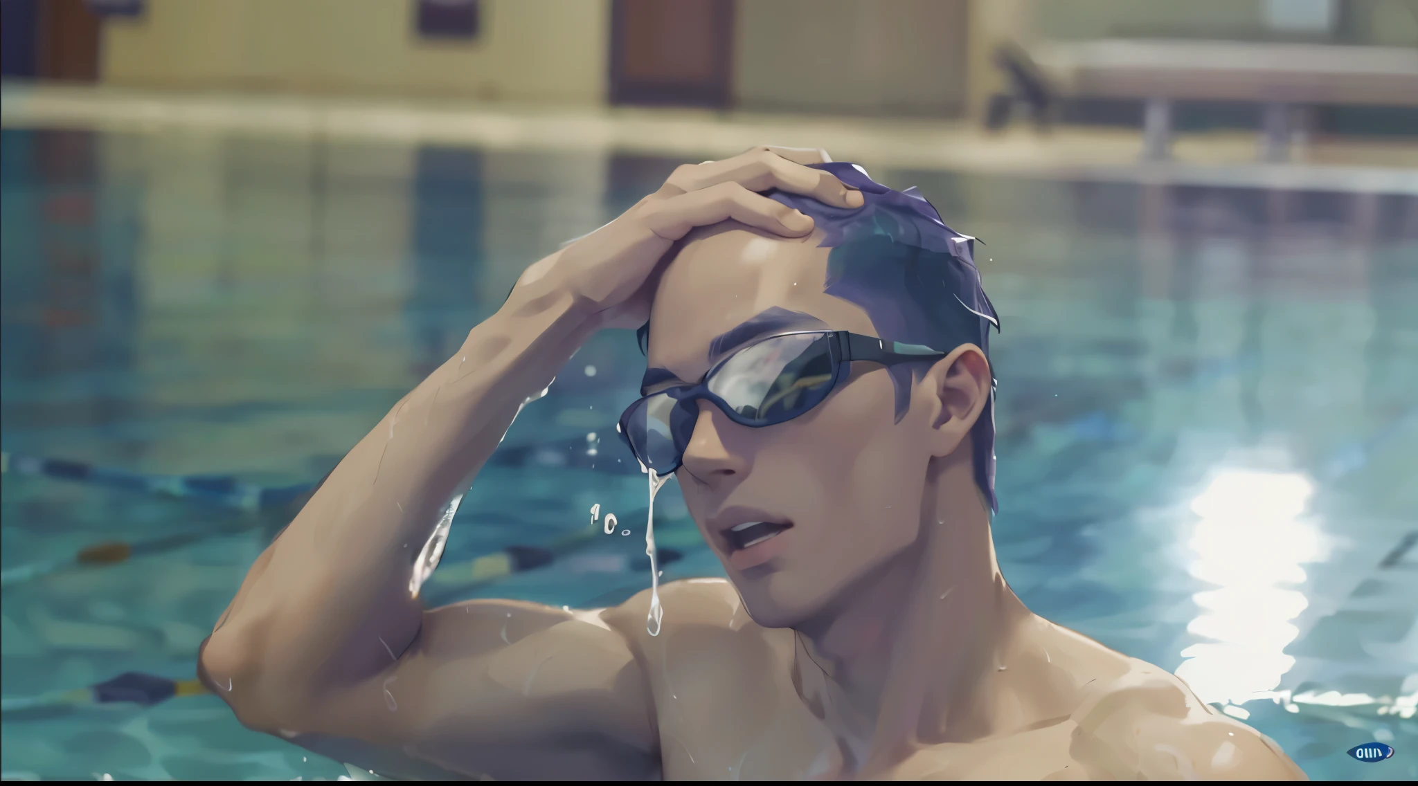 a  boy with purple hair in a swimming pool