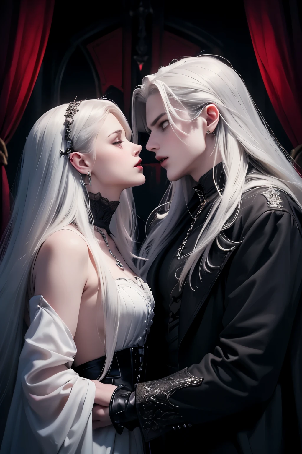 a handsome young vampire with long white hair kissing a oriental gothic woman with black hair big boobs and big hips on all fours