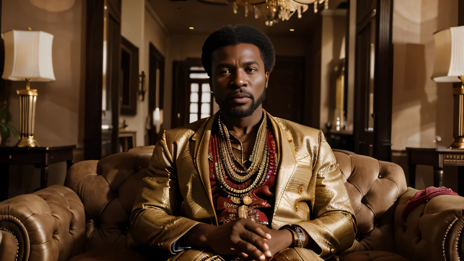 craft a hyper-realistic 8k long shot view of a wealthy african man aged 38 years, dressed in expensive western wears, in a well furnished house in an african mega city