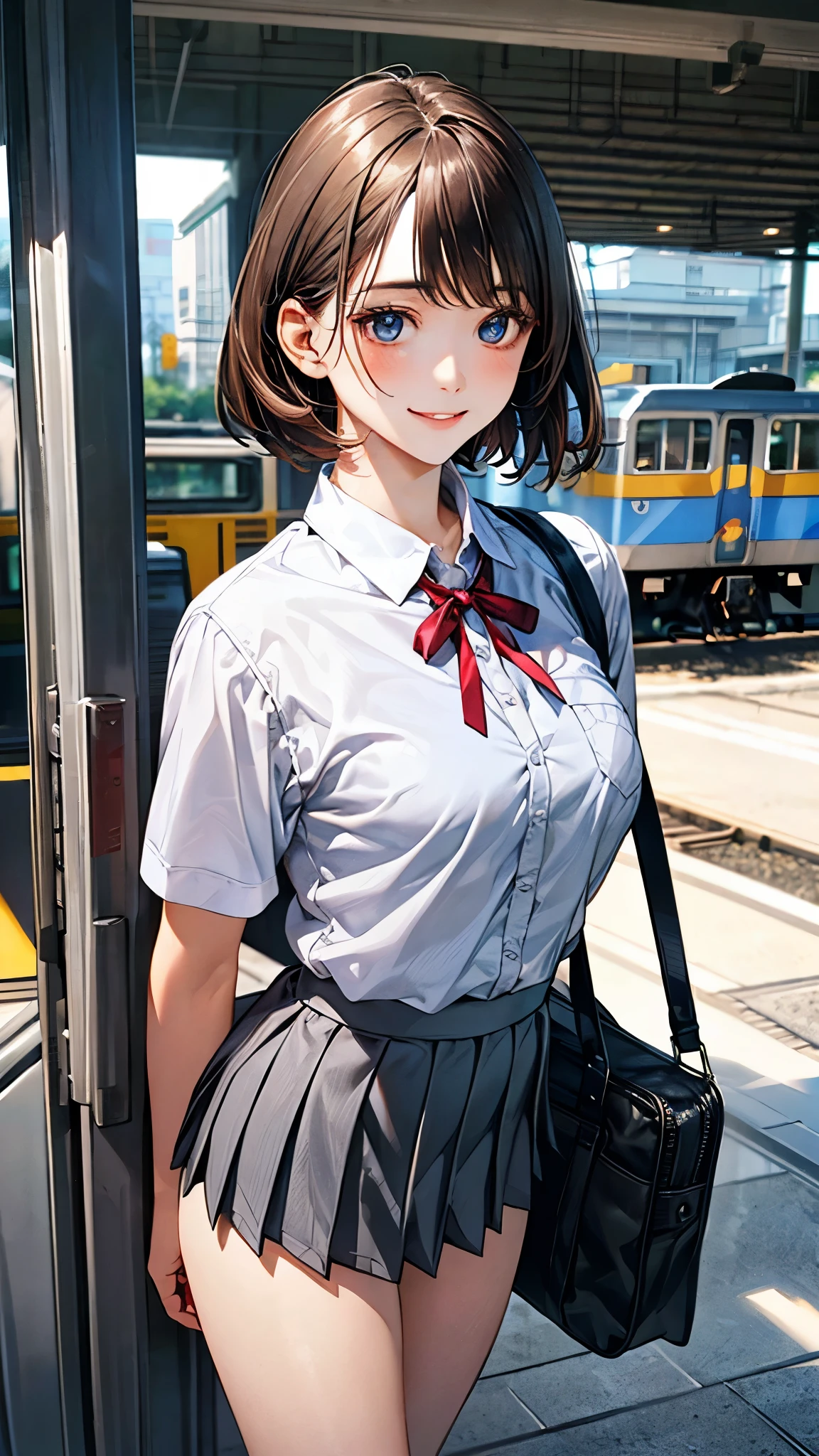 (masterpiece:1.2, top-quality), (realistic, photorealistic:1.4), beautiful illustration, (natural side lighting, movie lighting), nsfw,
looking at viewer, 1 girl, japanese, high school girl, perfect face, cute and symmetrical face, shiny skin,
(short hair:1.7, straight hair:1.2, dark brown hair), swept bangs, dark blue eyes, long eye lasher, (medium breasts), slender,
beautiful hair, beautiful face, beautiful detailed eyes, beautiful clavicle, beautiful body, beautiful chest, beautiful thigh, beautiful legs, beautiful fingers,
((white collared shirts, grey box pleated mini skirt), dark red neck ribbon), school bag,
(beautiful scenery), evening, (train station), standing, (lovely smile, open mouse slightly),