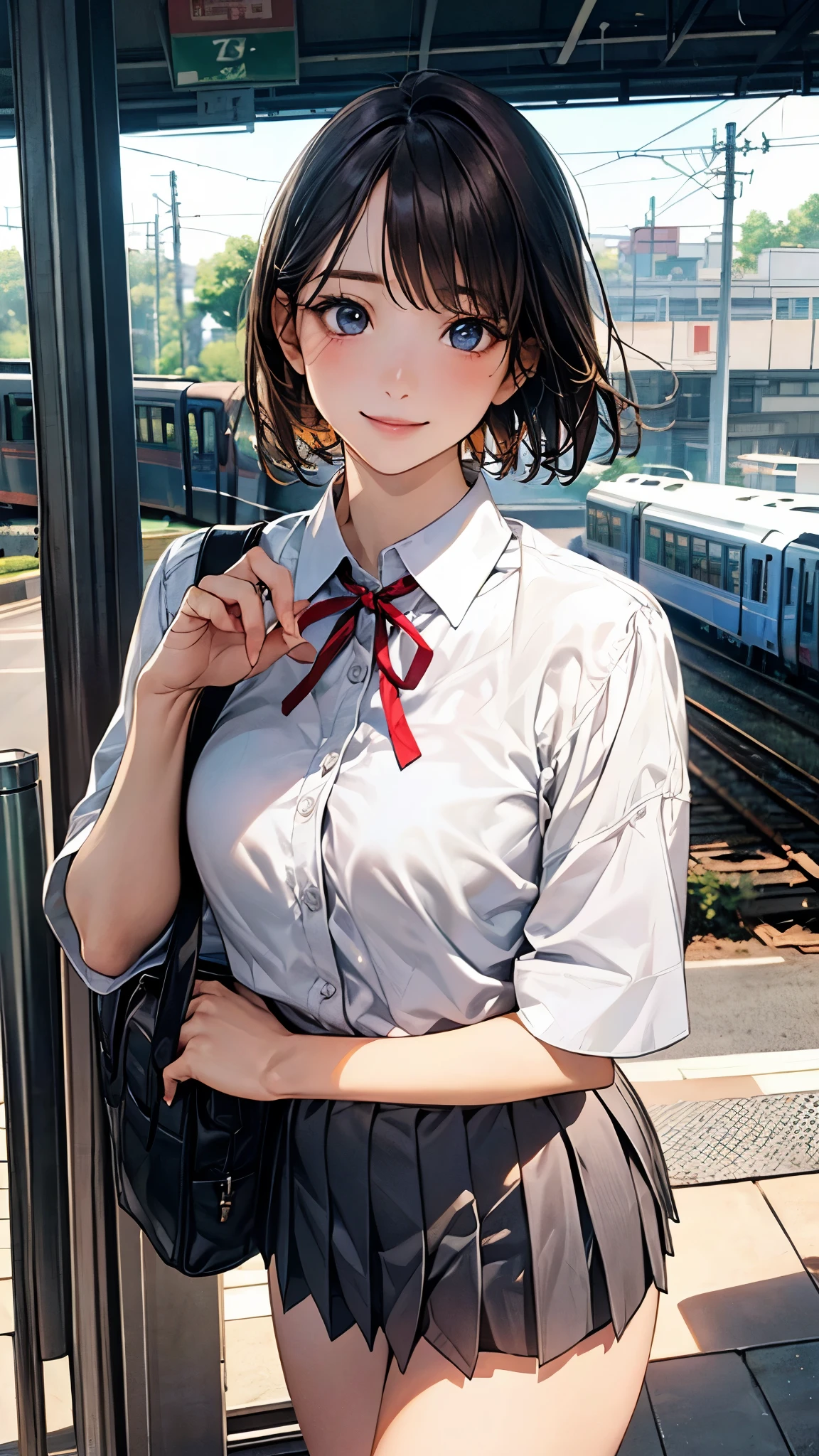 (masterpiece:1.2, top-quality), (realistic, photorealistic:1.4), beautiful illustration, (natural side lighting, movie lighting), nsfw,
looking at viewer, 1 girl, japanese, high school girl, perfect face, cute and symmetrical face, shiny skin,
(short hair:1.7, straight hair:1.2, dark brown hair), swept bangs, dark blue eyes, long eye lasher, (medium breasts), slender,
beautiful hair, beautiful face, beautiful detailed eyes, beautiful clavicle, beautiful body, beautiful chest, beautiful thigh, beautiful legs, beautiful fingers,
((white collared shirts, grey box pleated mini skirt), dark red neck ribbon), school bag,
(beautiful scenery), evening, (train station), standing, (lovely smile, open mouse slightly),