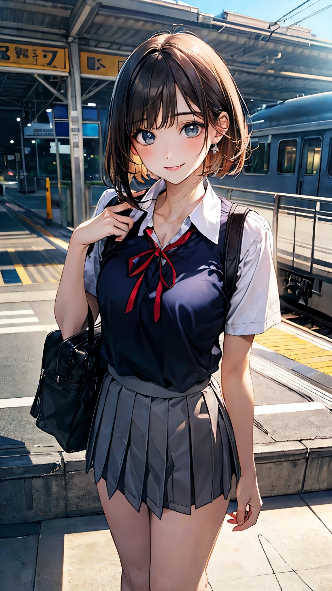 (masterpiece:1.2, top-quality), (realistic, photorealistic:1.4), beautiful illustration, (natural side lighting, movie lighting), nsfw,
looking at viewer, 1 girl, japanese, high school girl, perfect face, cute and symmetrical face, shiny skin,
(short hair:1.7, straight hair:1.2, dark brown hair), swept bangs, dark blue eyes, long eye lasher, (medium breasts), slender,
beautiful hair, beautiful face, beautiful detailed eyes, beautiful clavicle, beautiful body, beautiful chest, beautiful thigh, beautiful legs, beautiful fingers,
((white collared shirts, grey box pleated mini skirt), dark red neck ribbon), school bag,
(beautiful scenery), evening, (train station), standing, (lovely smile, open mouse slightly),