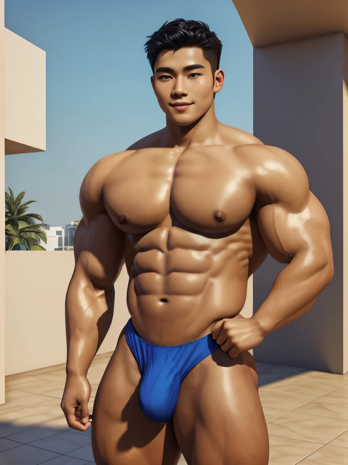 arafed handsome vietnamese male model, young boy, sexy and cute, boyfriend materials, 19 years old, confident, cocky, mischievous, soft smile, detailed skin, dark skin, oiled skin, glistening skin, pores, wearing sexy dark thong, huge bulge, muscular!!!, big areolae, bodybuilder physique, posing for a picture in front of a bright background and showing off, (professional 3d render:1.3) af (Realistic:1.3) most beautiful artwork photo in the world, romantic atmosphere
