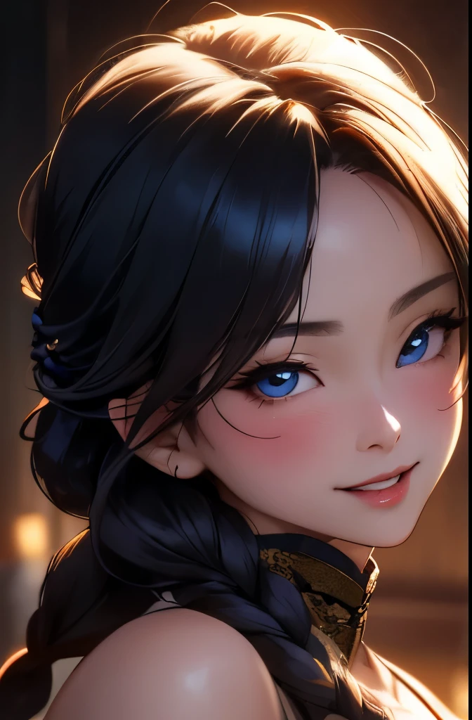 Beautiful flirtatiously smiling Asian, a very busty ronin wearing gold lace kimono, Meiji restoration, blue eyes, focused on the viewer, yojimbo, cleavage, off the shoulders, HD, UHD, WLOP, Artgerm, braided hairstyle, large anime eyes, realistic eyes, highly detailed eyes, natural skin, natural skin texture, subsurface scattering, muted colors, skin pores, perfect face, perfect eyes, perfect full lips, supple female form, vivid, cinematic, Film light, Hyper detailed, Hyper-realistic, masterpiece, atmospheric, High resolution, Vibrant, High contrast, dark angle, 8k, HDR, 500px, a view from above, half body portrait