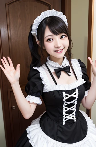 Cute face like an 18-year-old idol　Smiling Kindly　Japanese Gothic Lolita　Cosplay　Frills　Maid clothes　Cleavage　morning　Hotel Living Room　(Whole body)　RAW Photos　High resolution　Genuine　live-action　Accurate depiction　Realistic