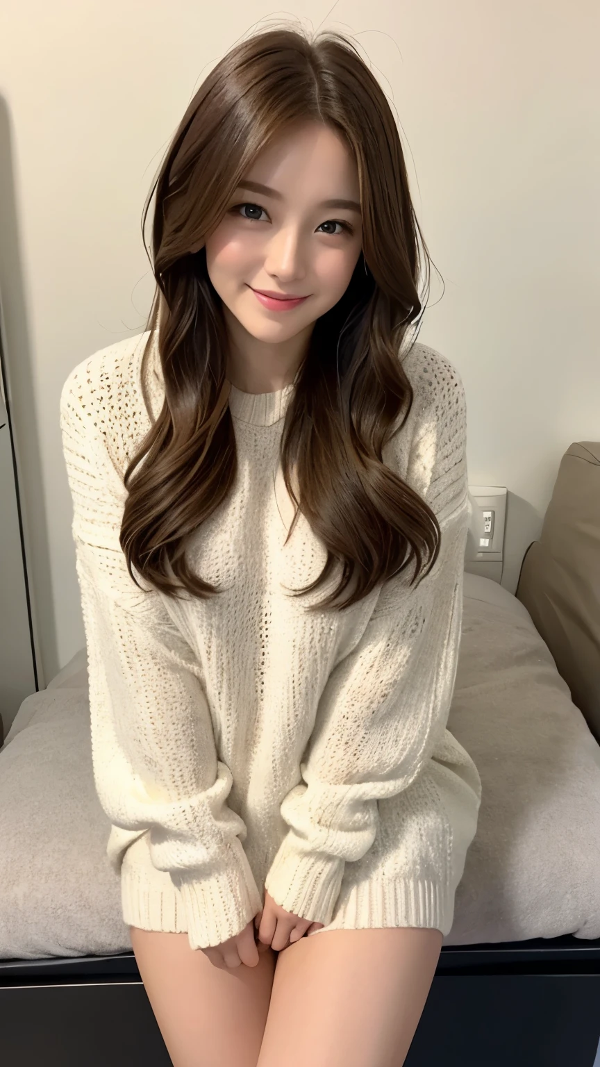 valentine chocolate gifts、realistic、1 girl、light brown hair、blonde、smile、white sweater、Thighs、18-year-old