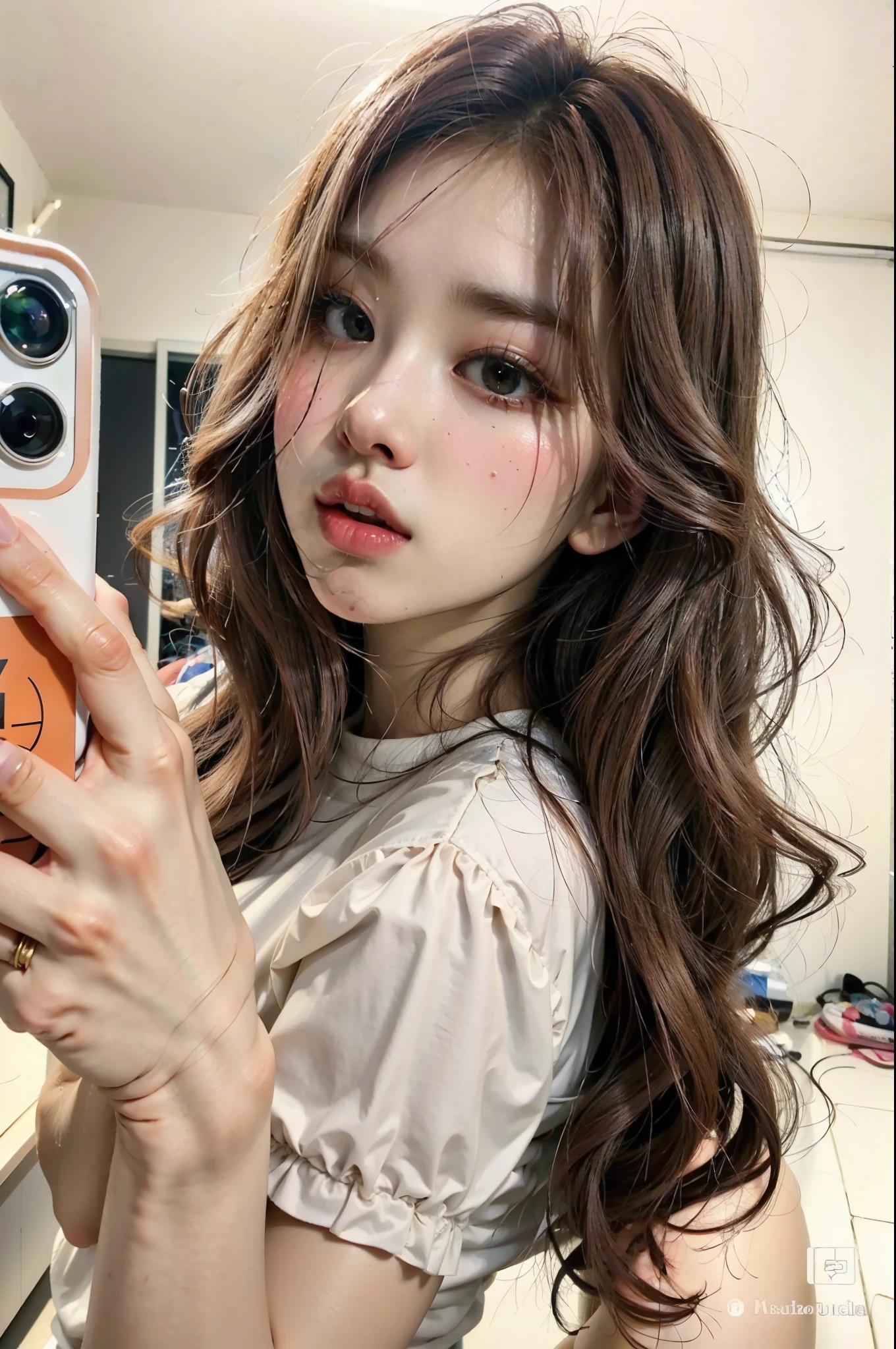 um close up de uma mulher tirando uma selfie com um celular, linda mulher sul-coreana, linda jovem coreana,  coreana, linda jovem coreana, Modelo IG | artegerm, roseanne park black pink k,  Asian with long hair, maquiagem sul-coreana popular, cabelo castanho claro longo e ondulado, maquiagem coreana popular, Her skin is light brown, cabelos longos de cor castanha